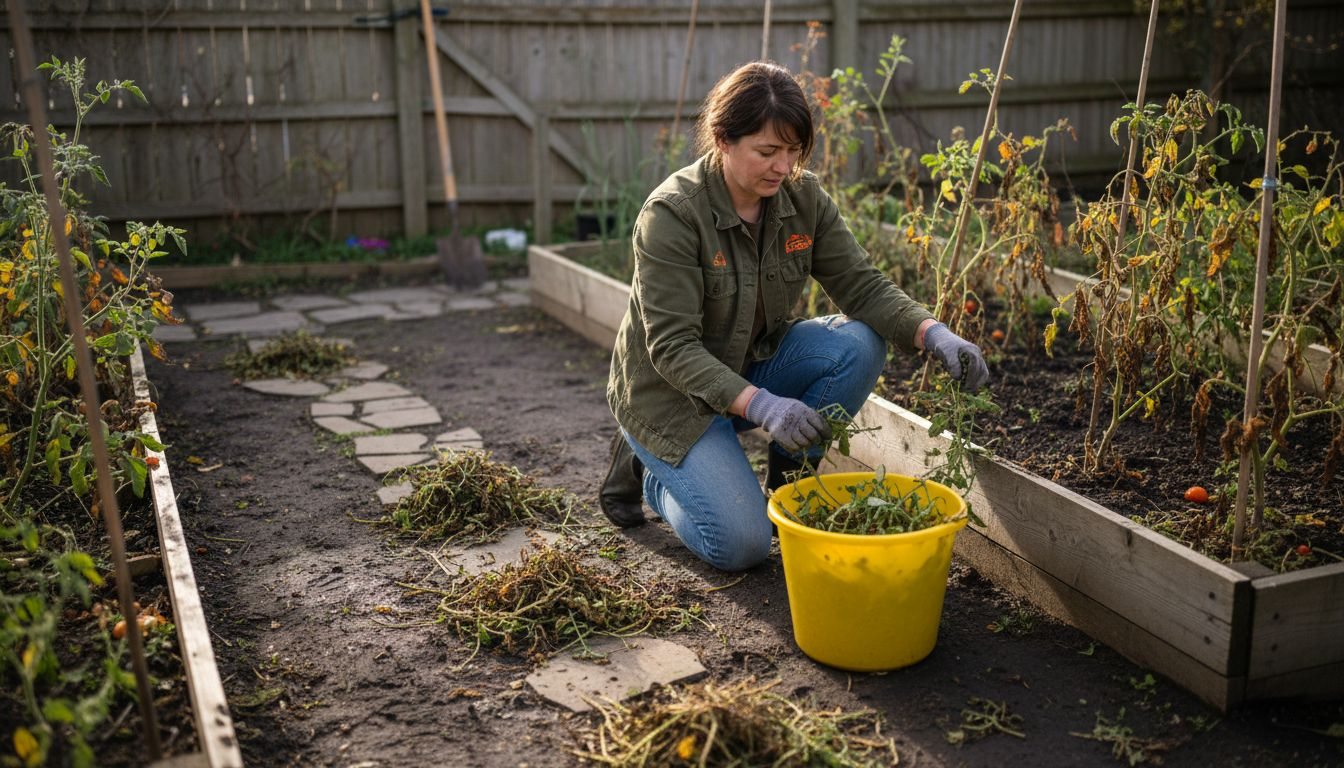 Woman cleaning garden bed of weeds and debris