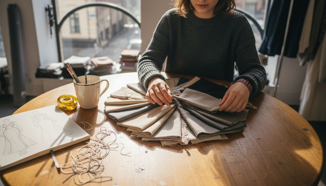 Woman browsing fabric swatches at boutique table