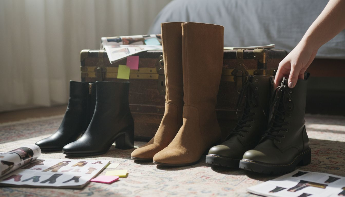 Different plus size boot styles on bedroom floor