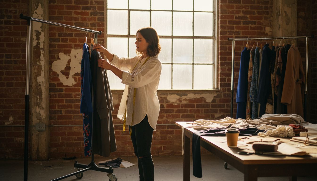 Fashion designer arranging sample clothes in studio