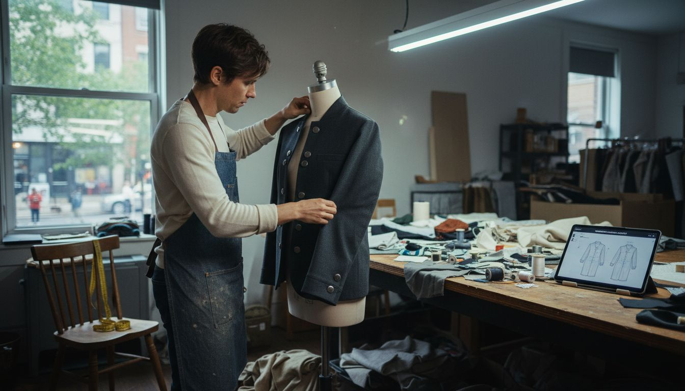 Designer fitting adaptive clothing in studio