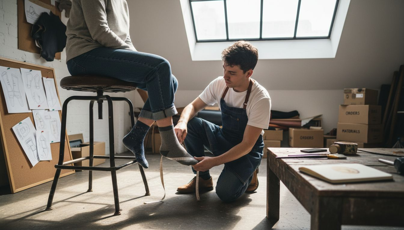 Shoe designer measuring client’s foot in studio