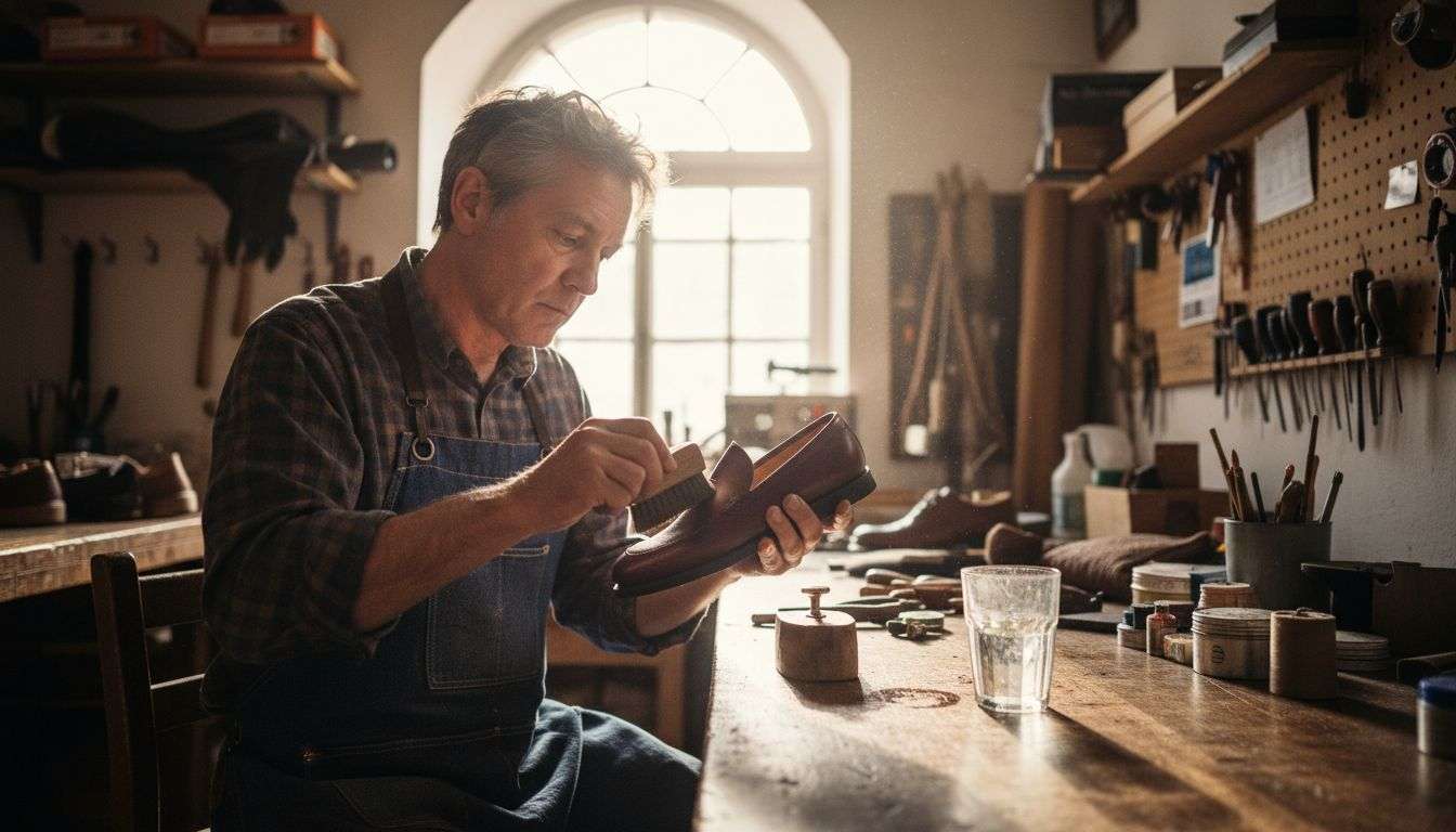 Shoemaker polishing custom leather shoe
