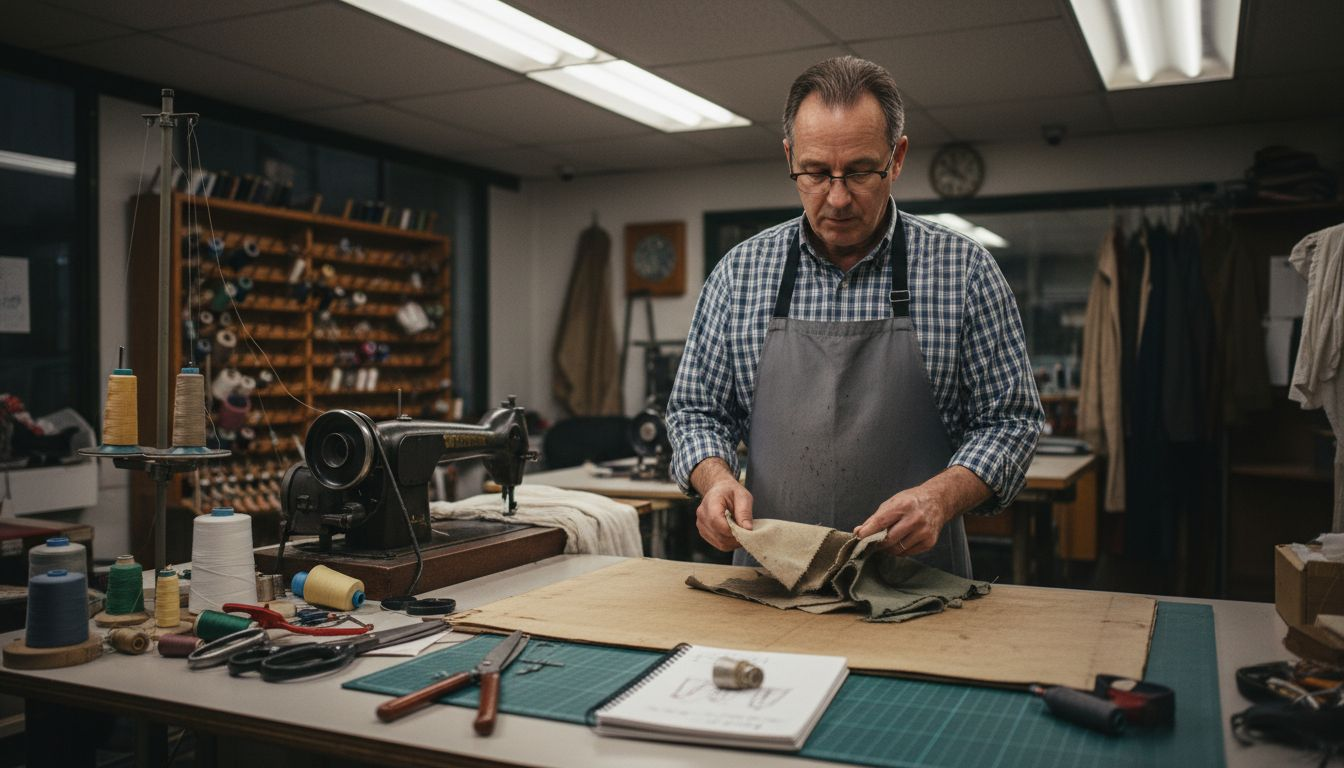Tailor sorting fabric swatches at workbench