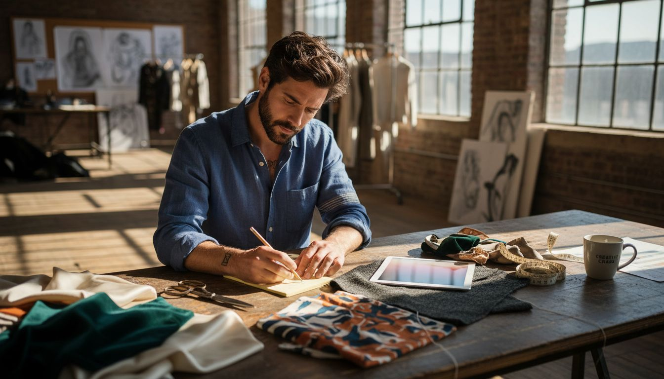 Designer choosing fabric swatches at drafting table