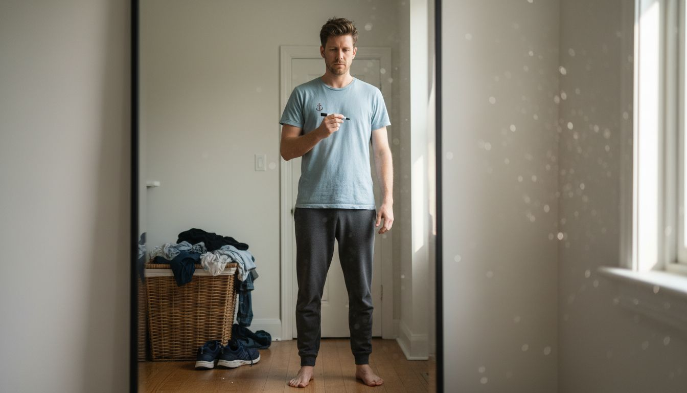 Man marking shoulder reference point in mirror
