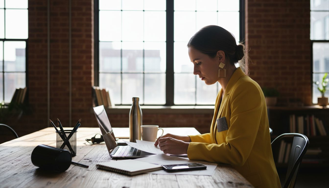 Woman with statement jewelry in workspace
