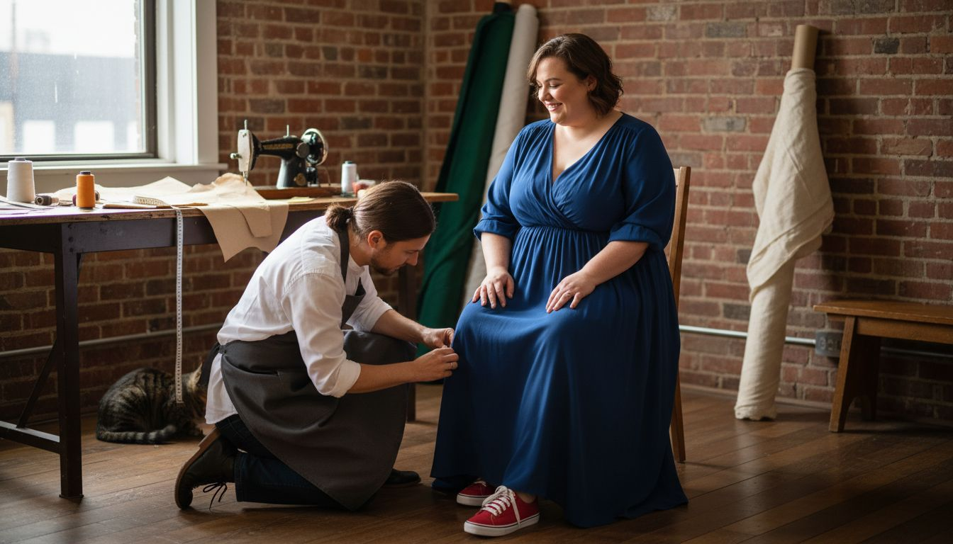 Tailor adjusting custom dress for customer
