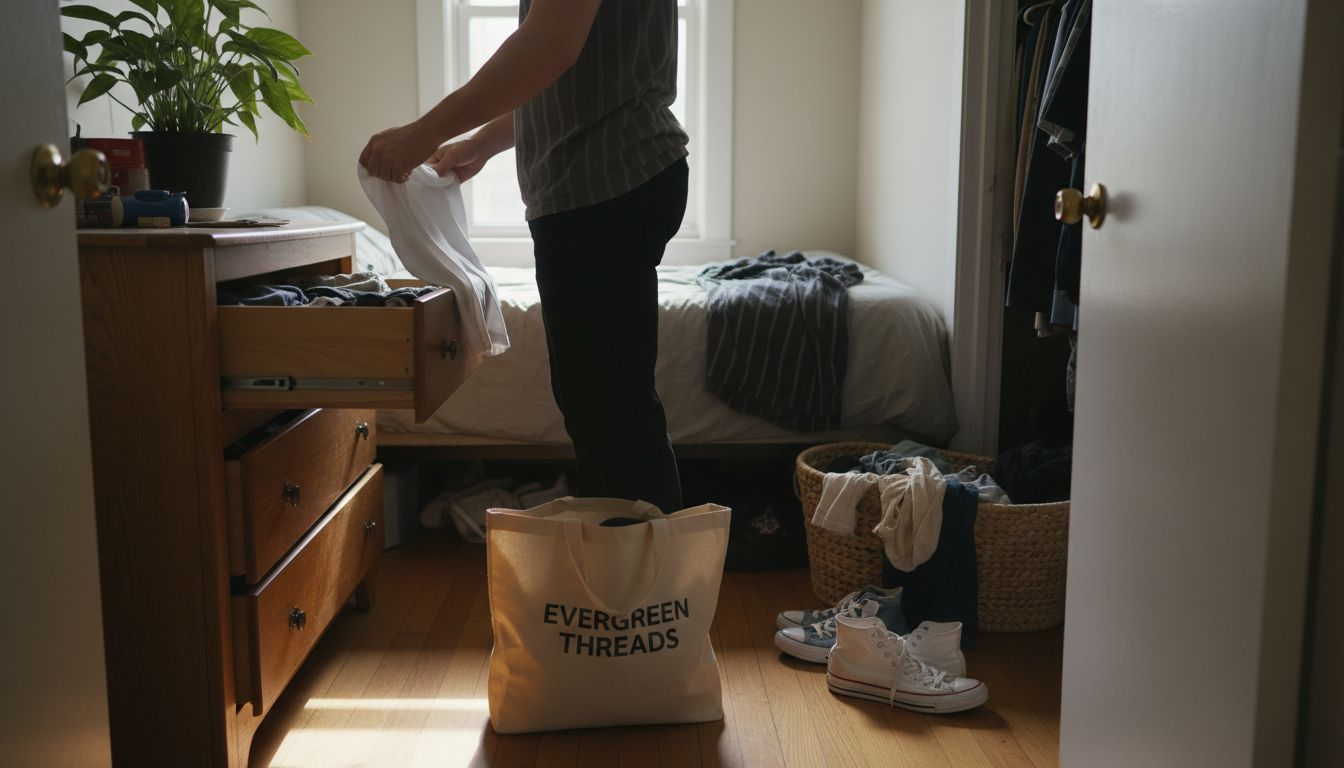 Man organizing minimalist sustainable wardrobe