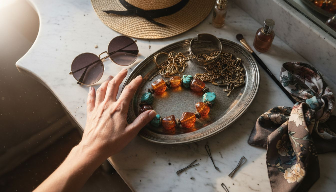 Close-up of dramatic jewelry and accessories