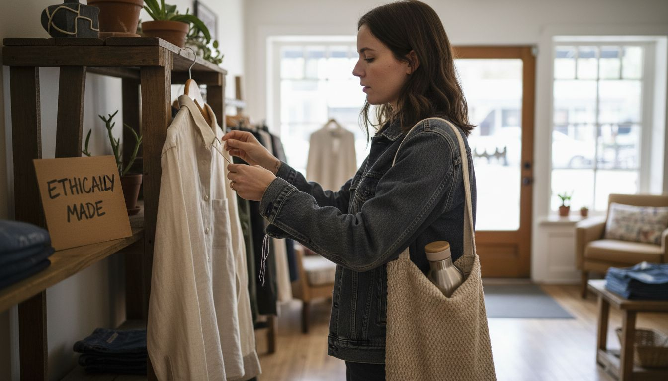 Woman checking ethical clothing labels in boutique