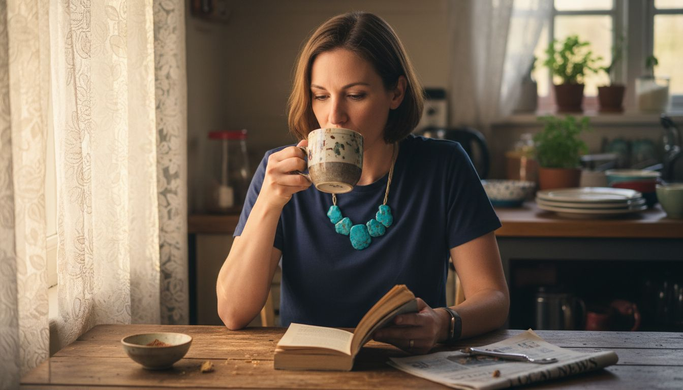 Bold necklace transforms casual kitchen outfit