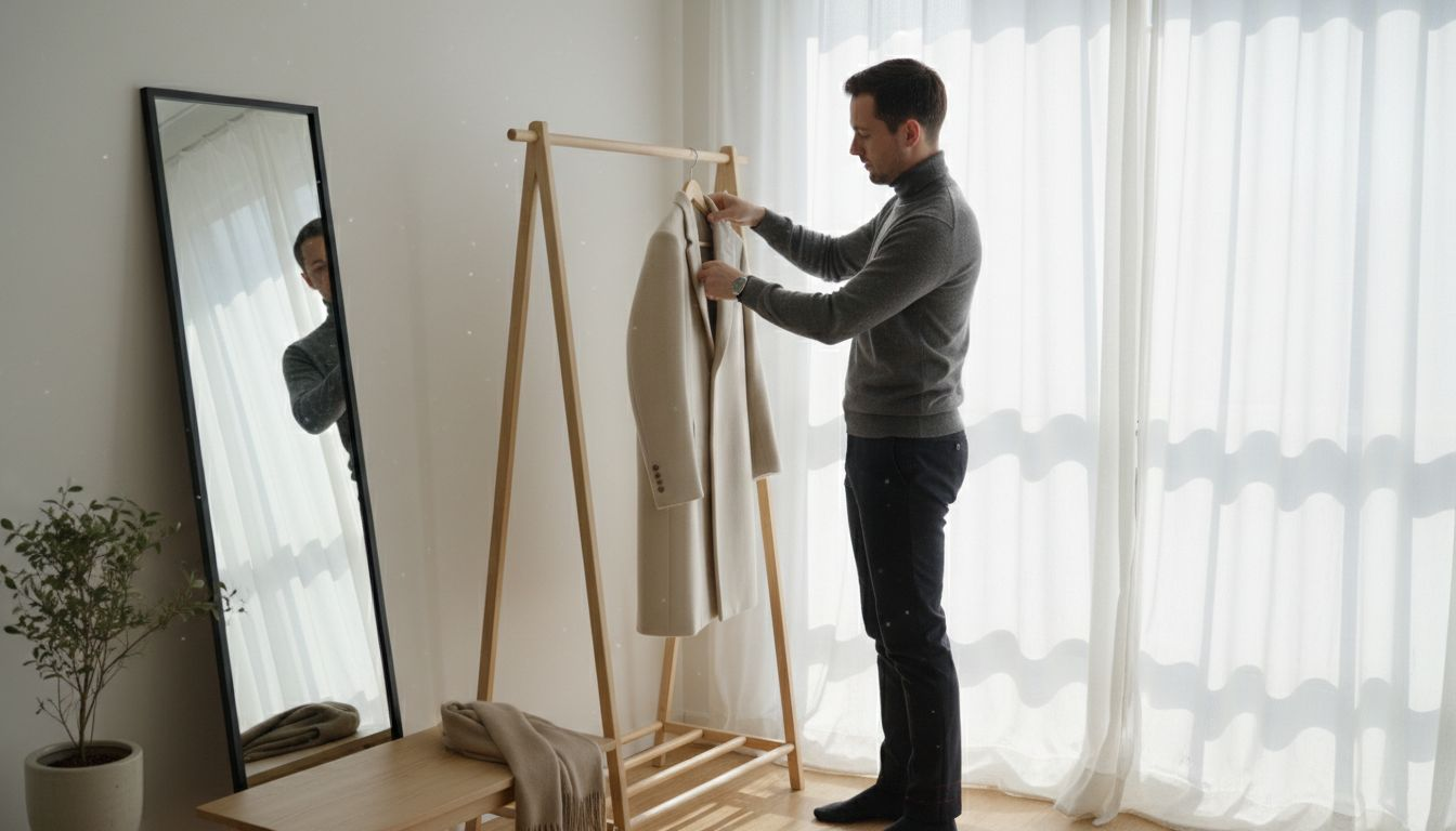 Man organizing minimalist luxury clothing wardrobe