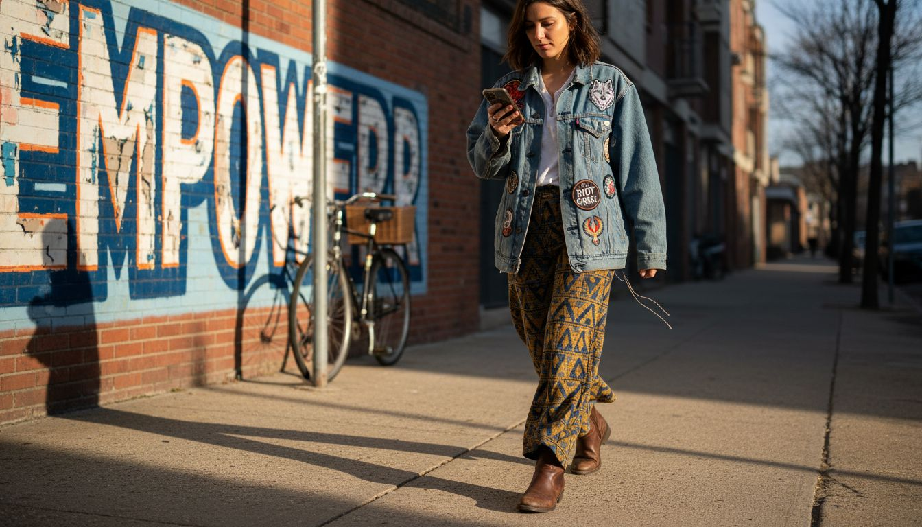 Woman expressing individuality on city sidewalk