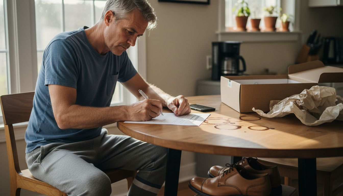 Man completes footwear satisfaction survey at table