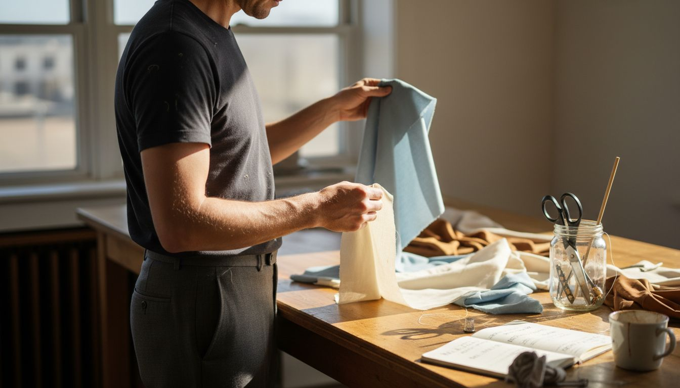 Designer selecting sustainable fabric swatches
