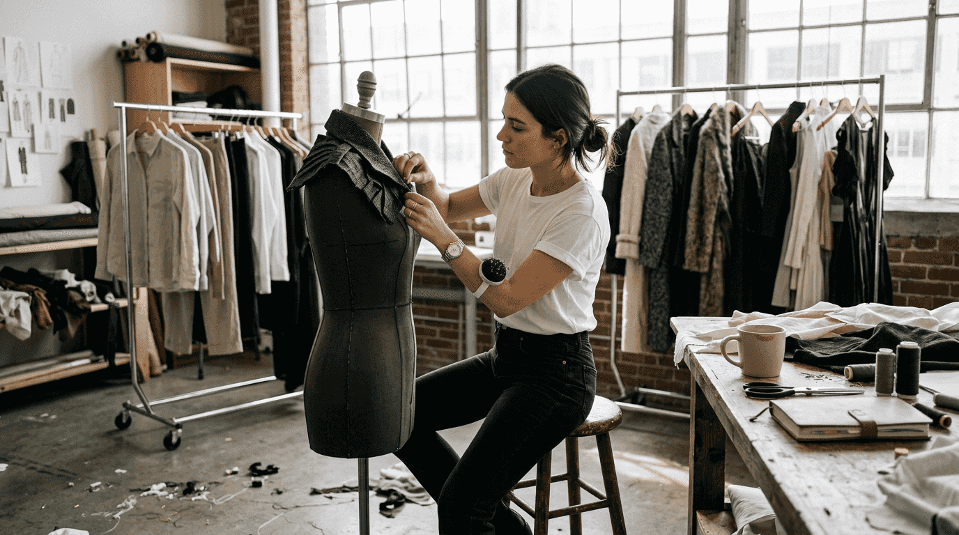 Designer adding bold collar to mannequin