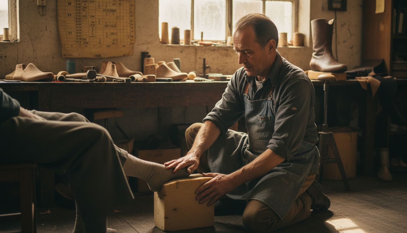 Shoemaker molds customer foot in workshop