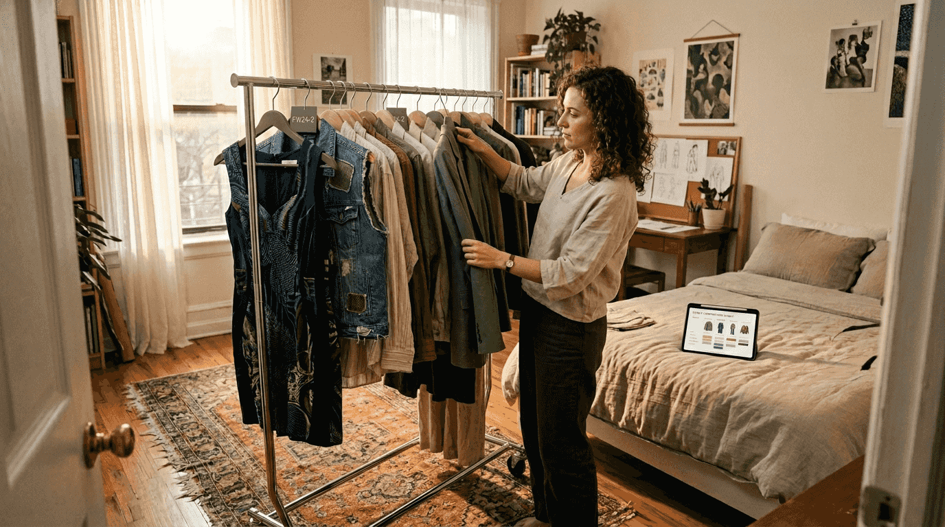 Designer reviewing sustainable wardrobe choices
