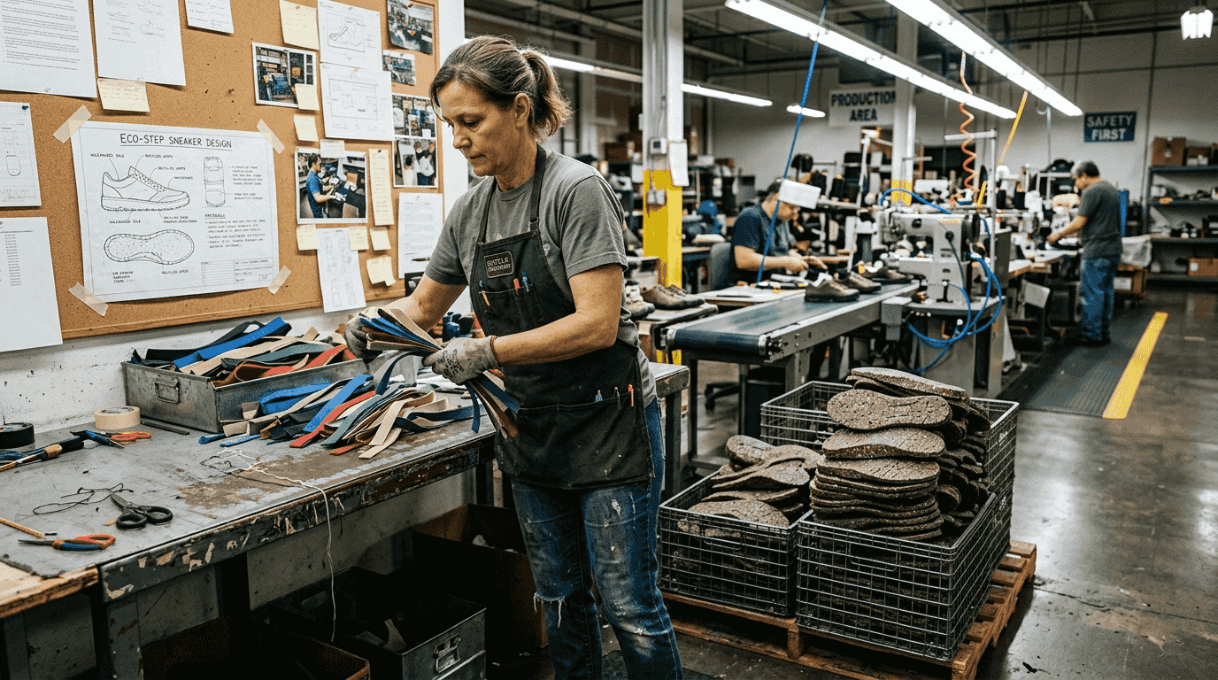 Recycled material sorting at shoe factory