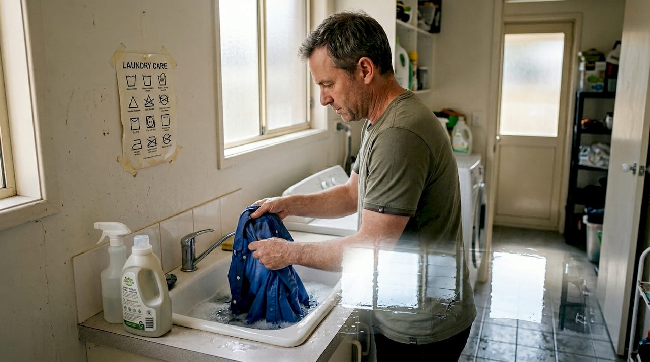 Man gently hand washing blue shirt