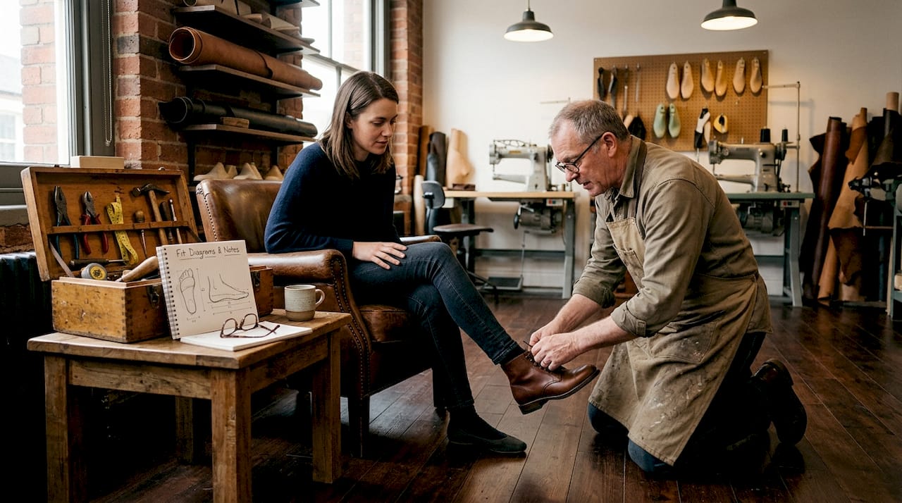 Customer trying trial shoe with shoemaker fitting