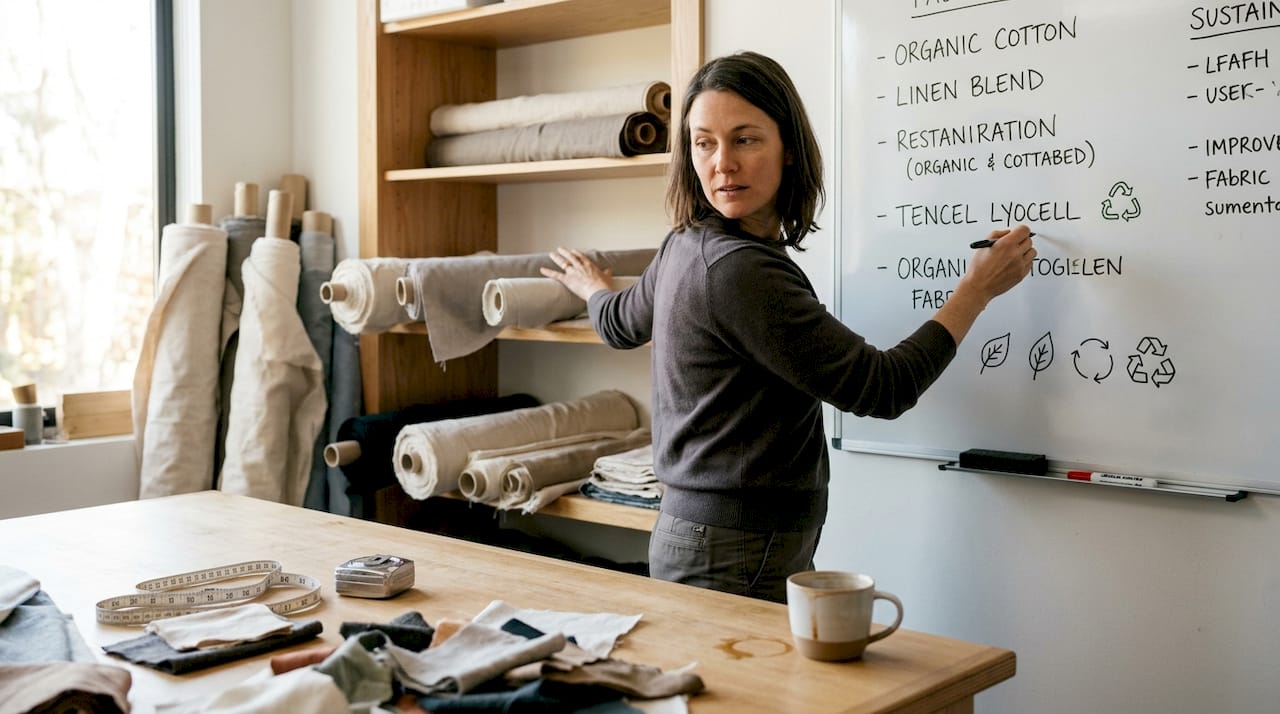 Designer reviews sustainable fabrics in studio