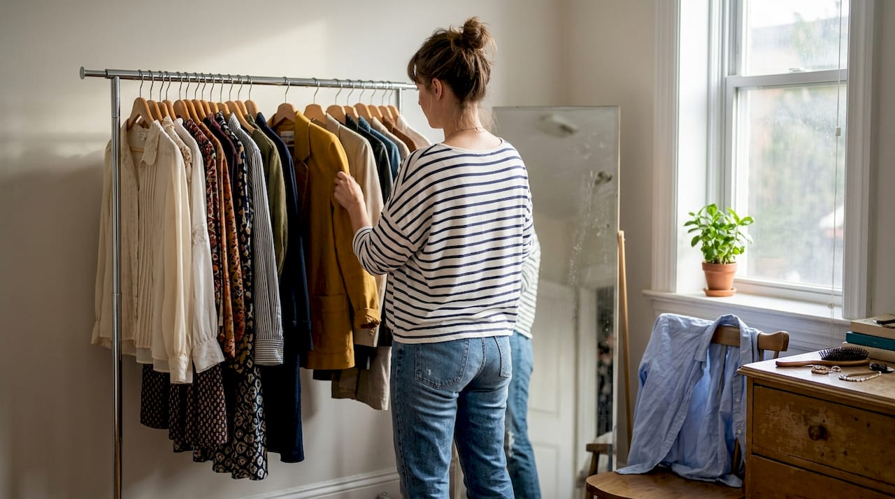 Woman choosing trend-led outfit in bedroom
