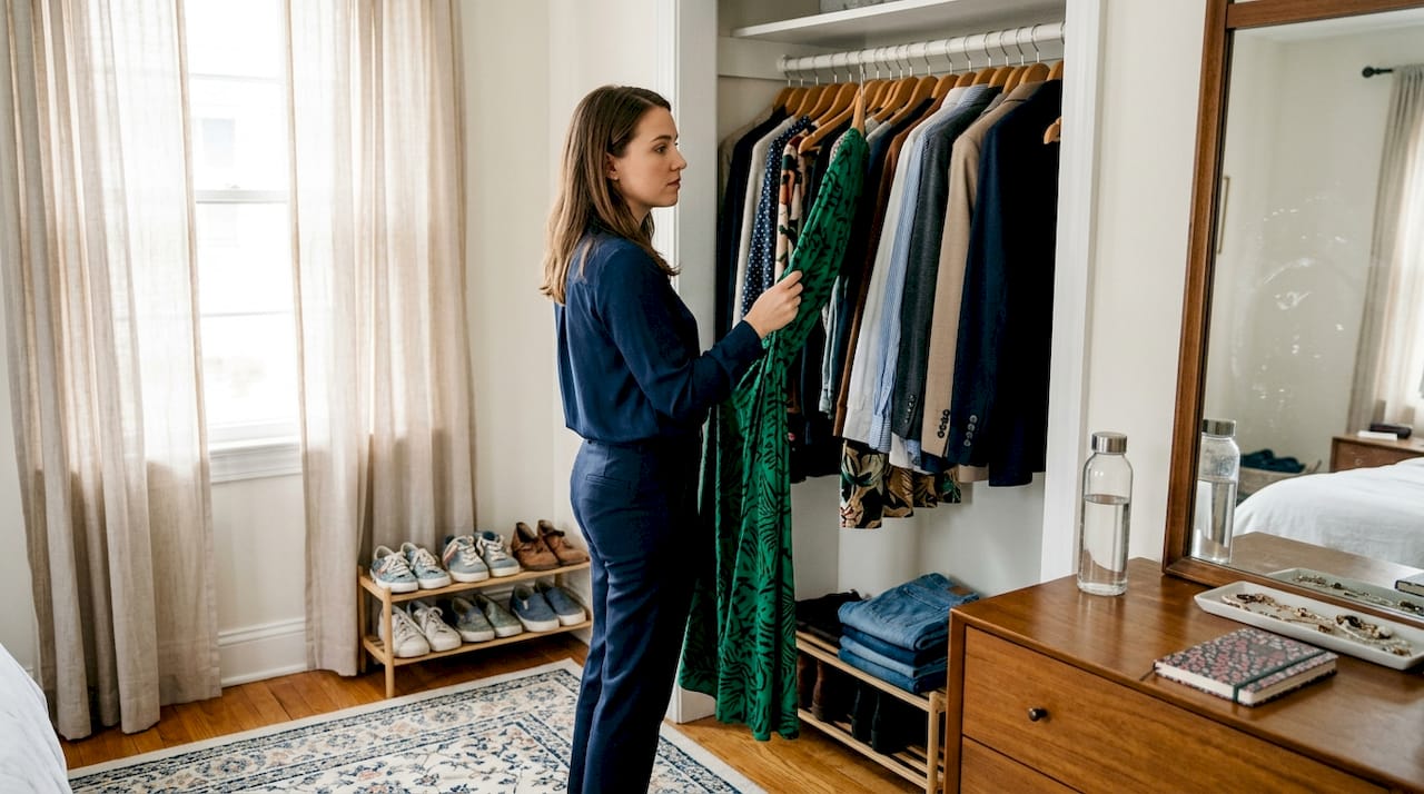 Person picking bold dress from wardrobe