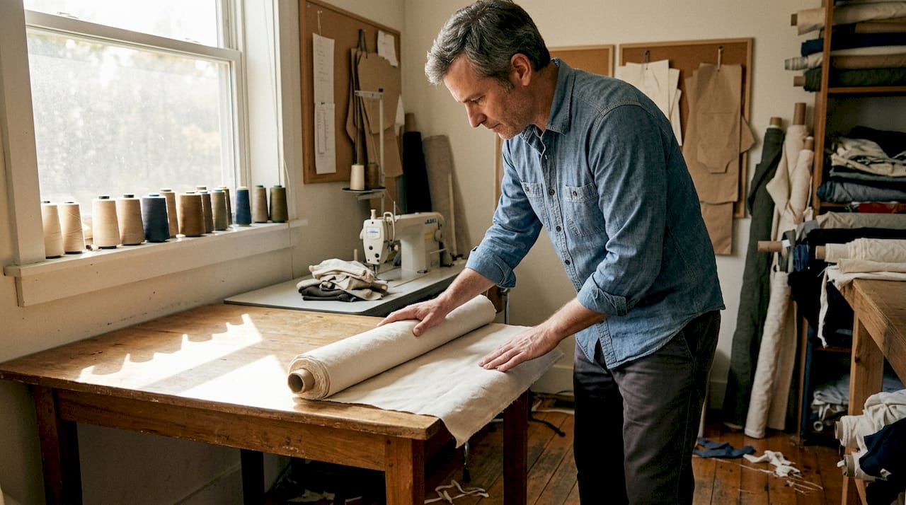 Textile worker inspecting organic cotton fabric
