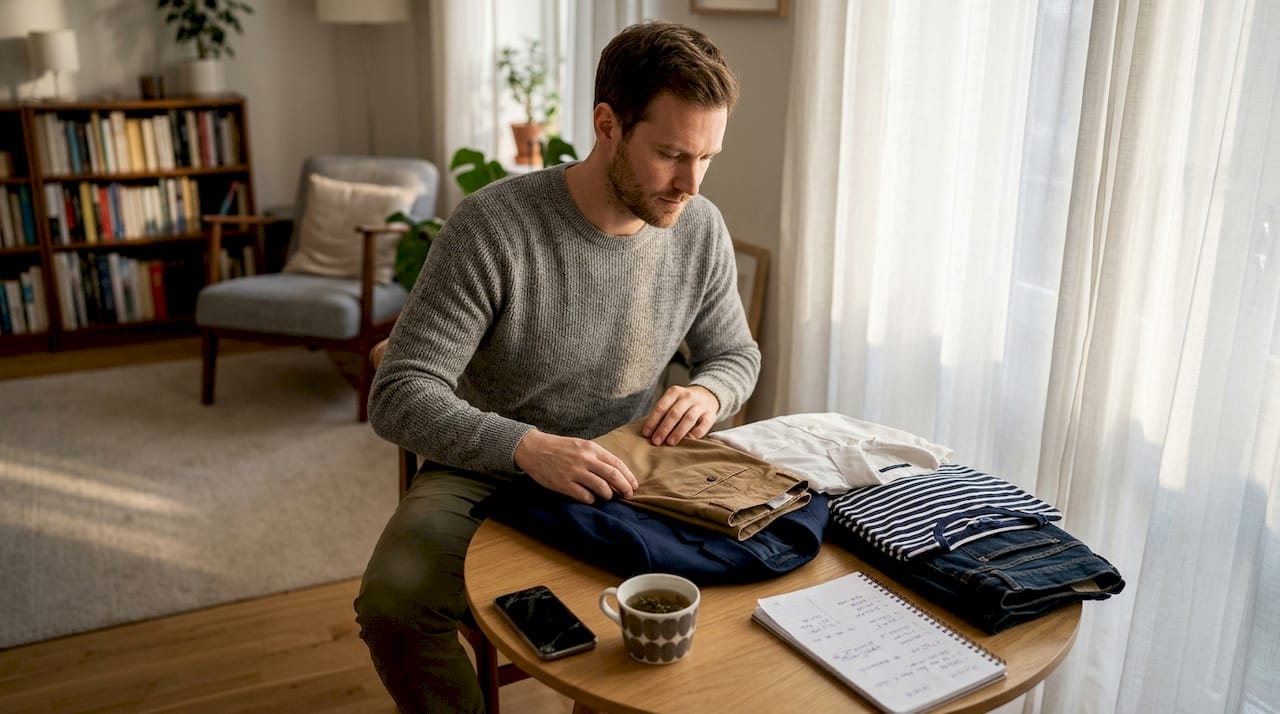 Man planning clothing combinations at home