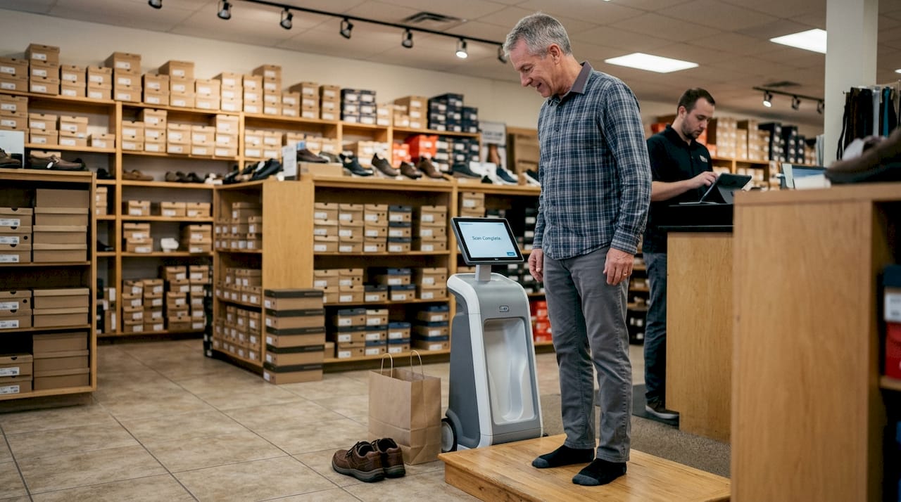 Customer using 3D foot scanner in store