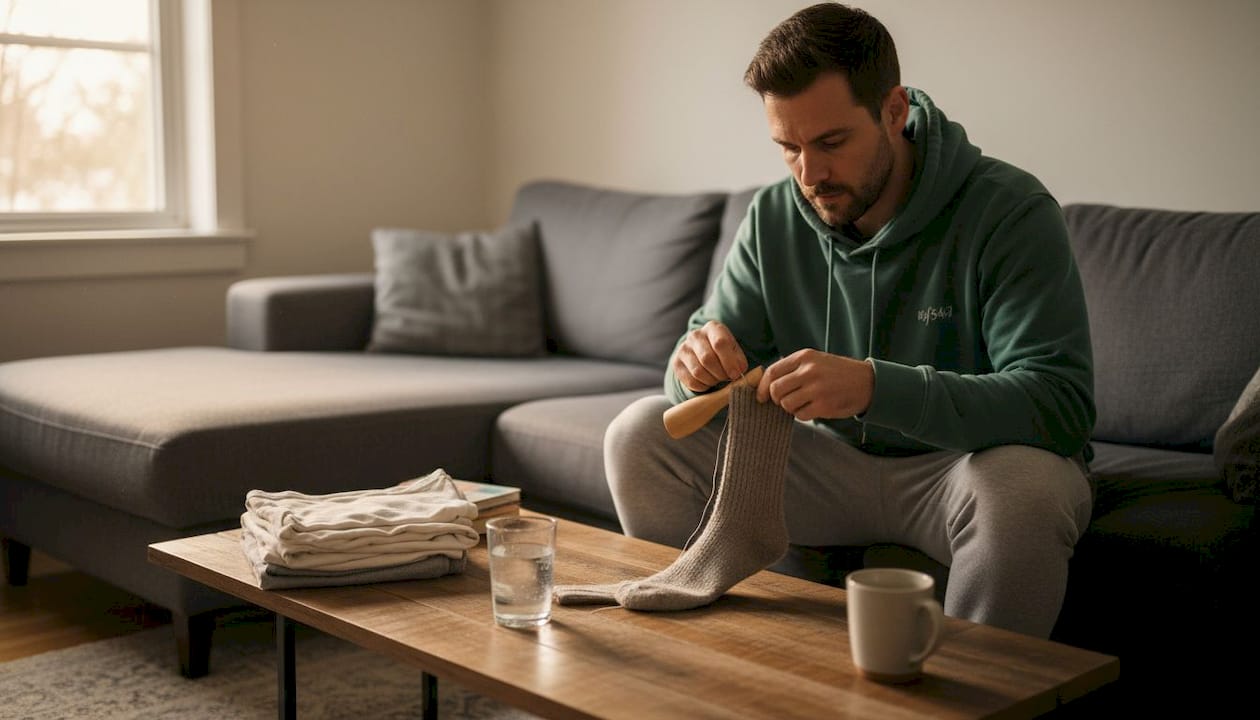 Man mending sock in cozy living room