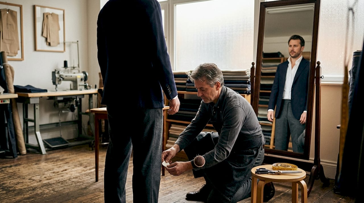 Tailor marking suit adjustments during fitting