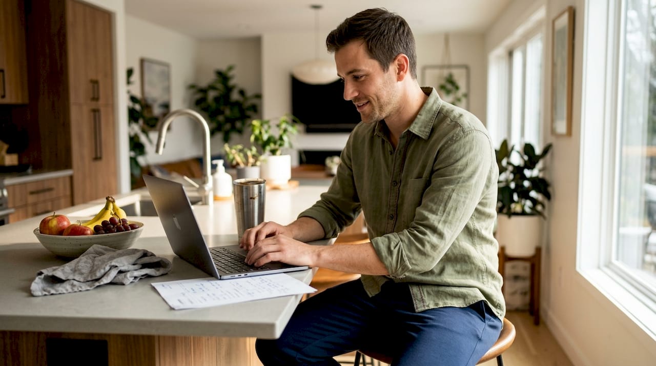 Man in sustainable luxury wear working at kitchen counter
