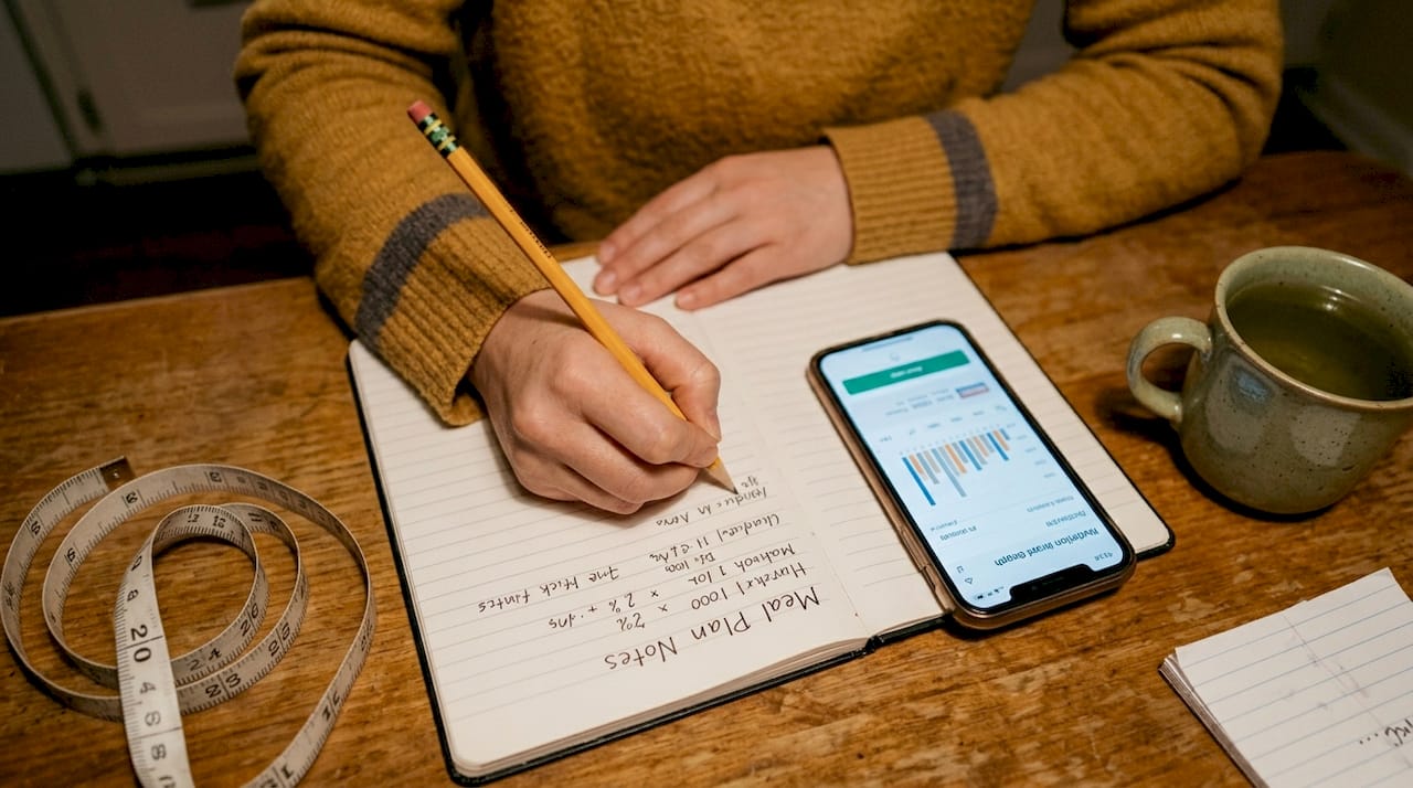 Woman recording body measurements in notebook