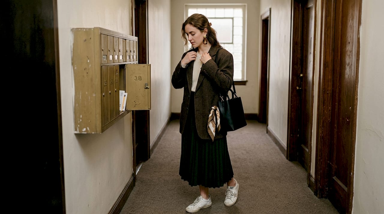 Woman layering bold jacket and skirt in hallway
