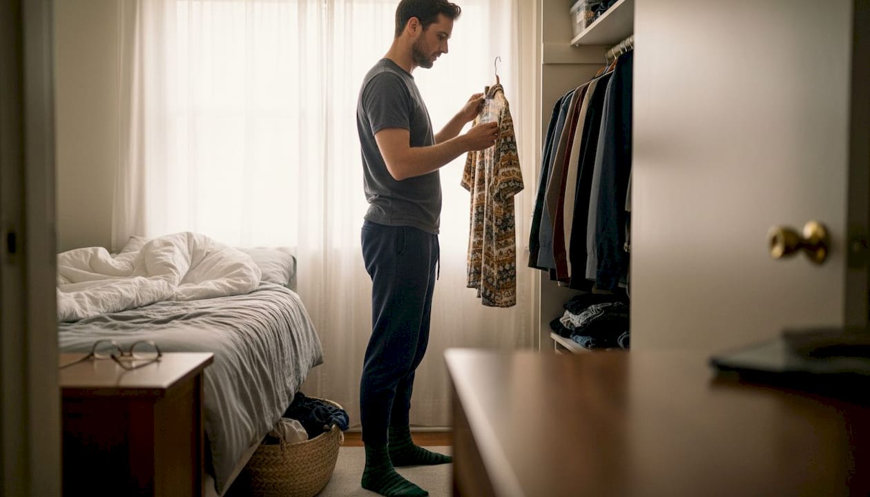 Man choosing shirt from open closet