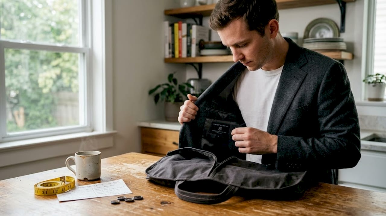 Man inspects custom blazer at kitchen table