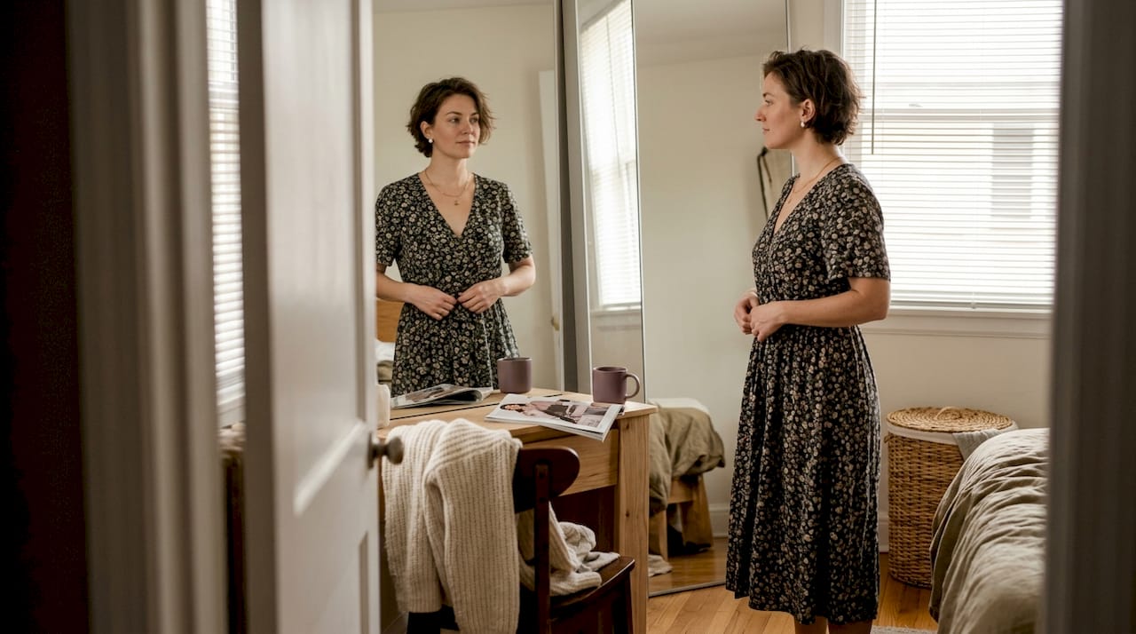 Woman admiring custom fit in bedroom mirror