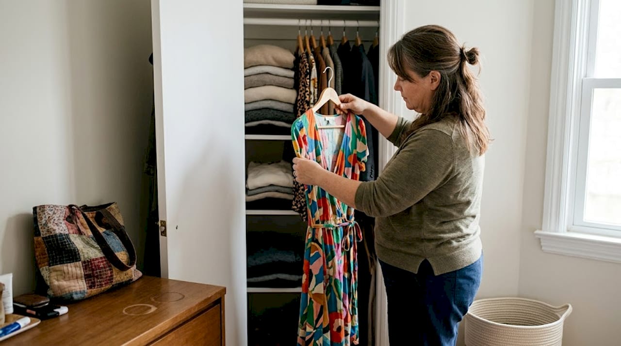Woman organizes sustainable clothes in closet