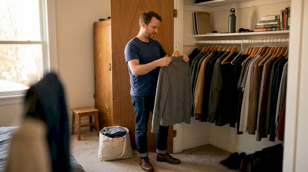Man sorting clothes in bedroom closet