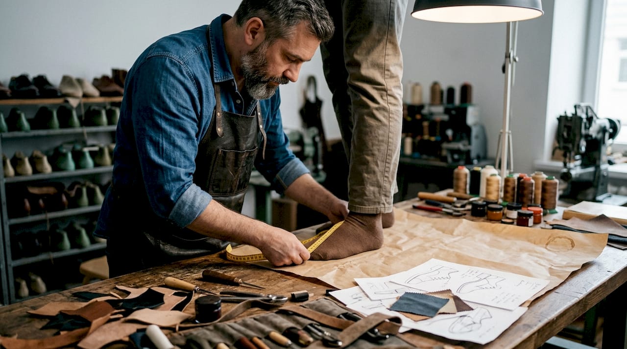 Shoemaker measuring foot for custom shoes