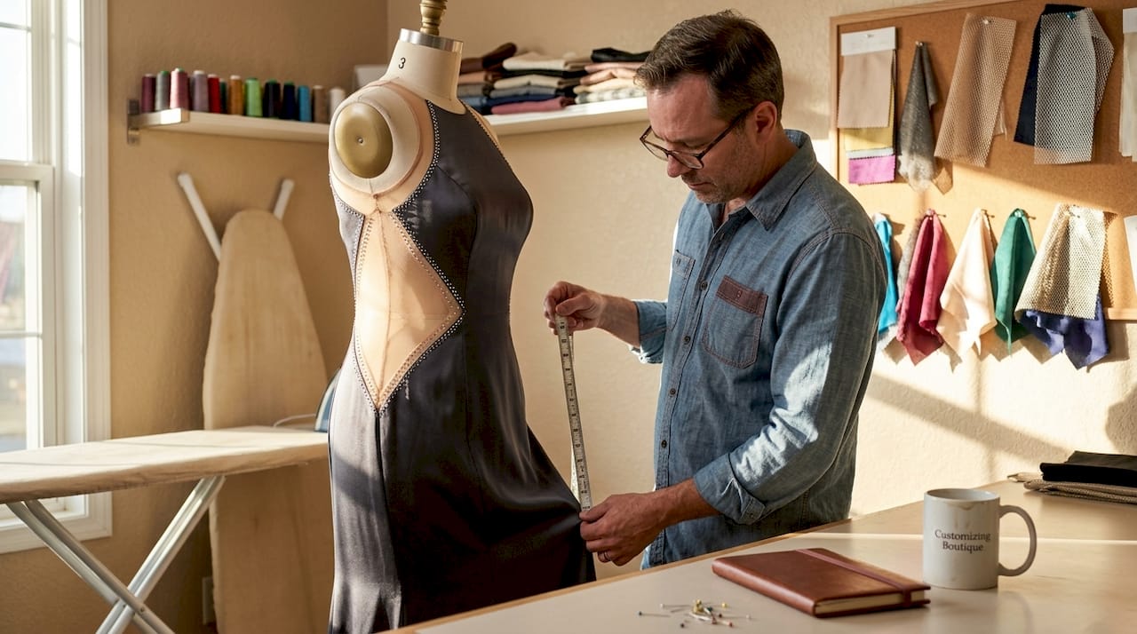 Tailor inspects custom dress in working studio
