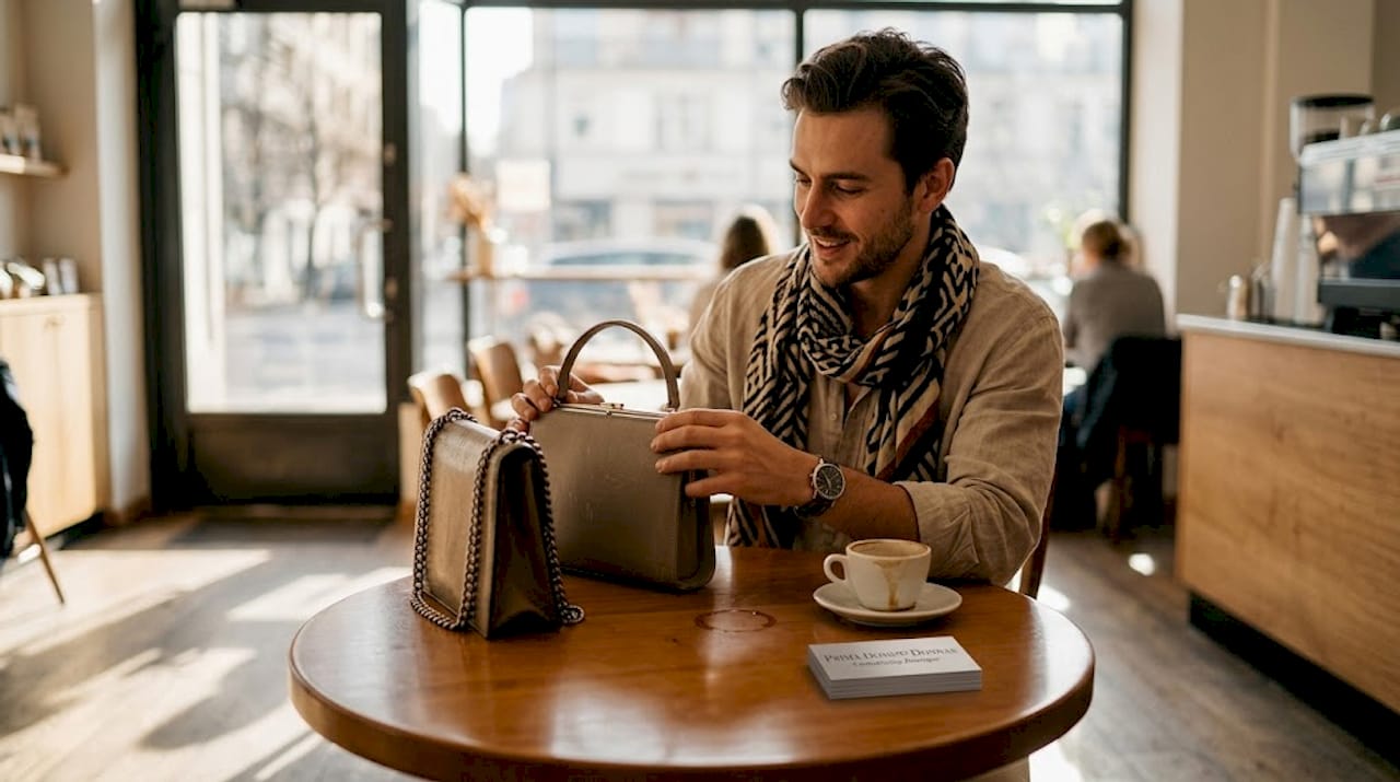 Man comparing statement handbags in café