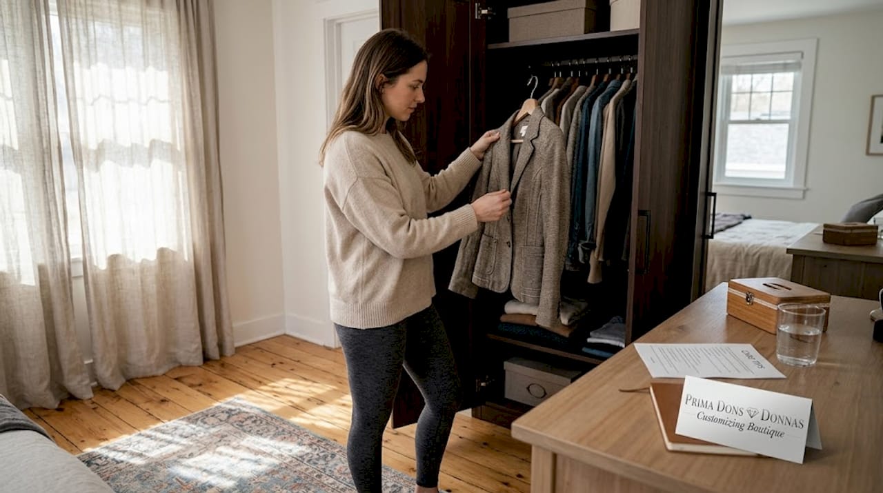 Woman inspecting sustainable jacket in wardrobe