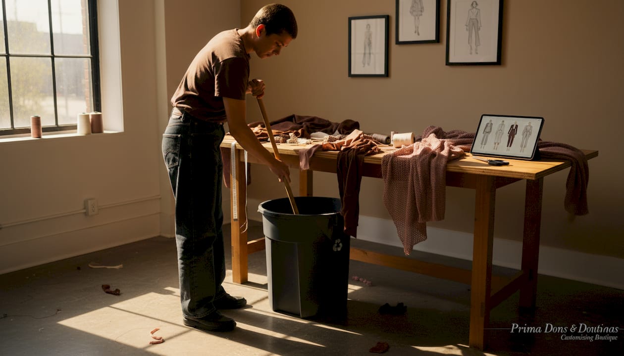 Worker recycling fabric in fashion studio