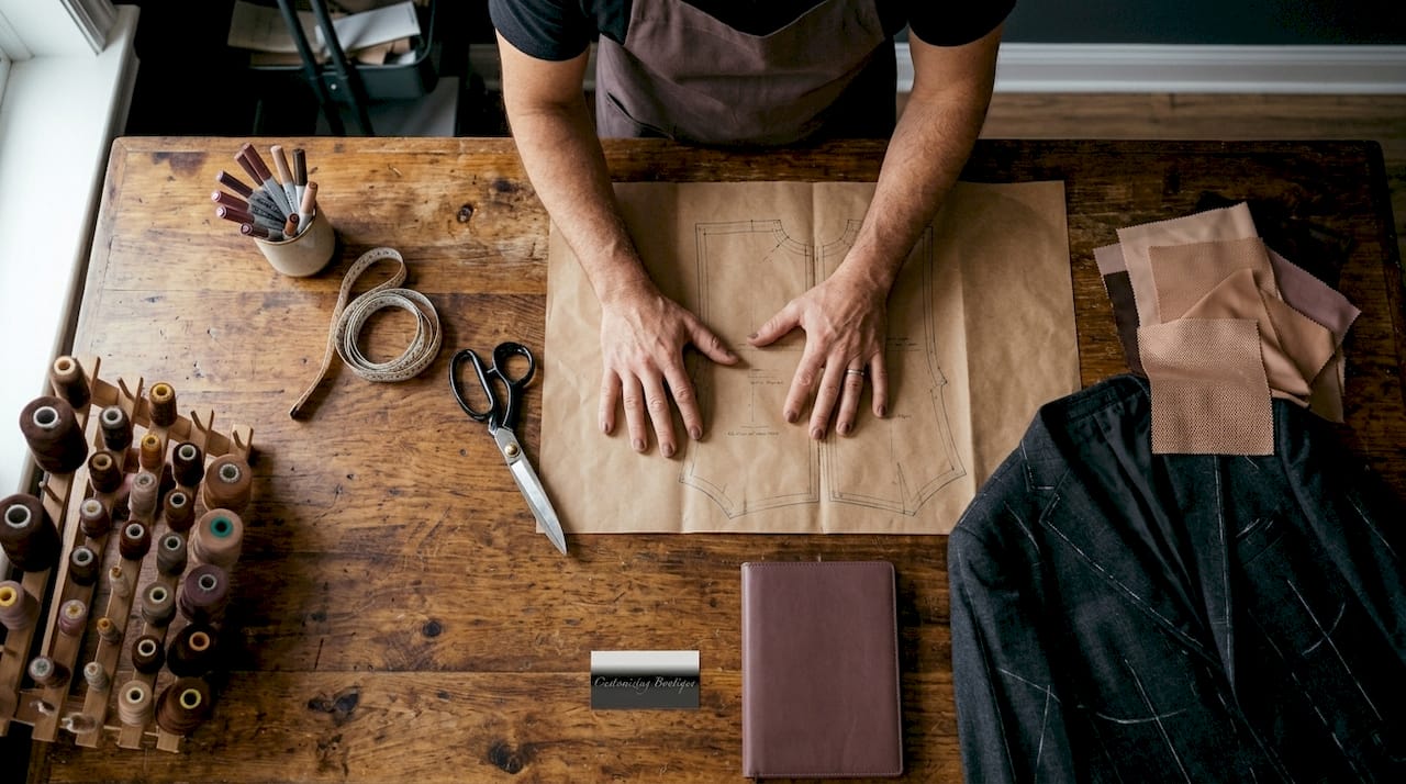 Tailor tracing garment pattern in workspace