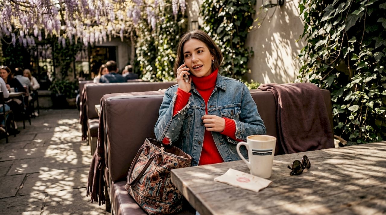 Woman layering bold pieces on café patio
