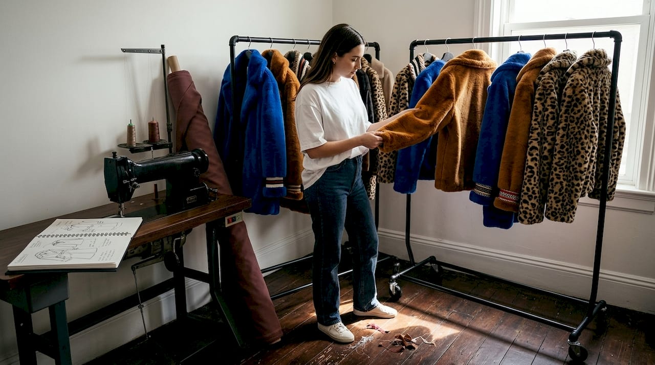 Designer organizing colorful faux fur jackets